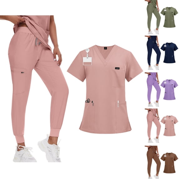 Scrubs for Women Set Stretch V-Neck Top & Jogger Pants with Drawstring Medical Nursing Uniforms Set with Pockets