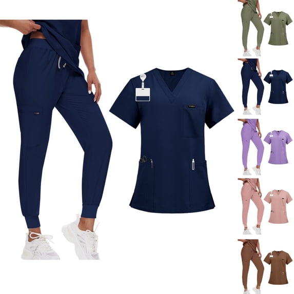 Scrubs for Women Set Stretch V-Neck Top & Jogger Pants with Drawstring Medical Nursing Uniforms Set with Pockets