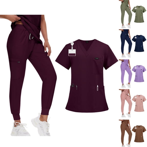 Scrubs for Women Set Stretch V-Neck Top & Jogger Pants with Drawstring Medical Nursing Uniforms Set with Pockets