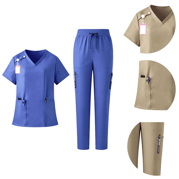 Scrubs for Women Set Stretch V-Neck Top & Jogger Pants with Drawstring Nursing Uniforms Set with Pockets L
