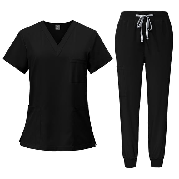 Scrubs for Women Set, V-Neck Medical Women Scrubs Top and Soft Jogger Pants with Pockets Black L