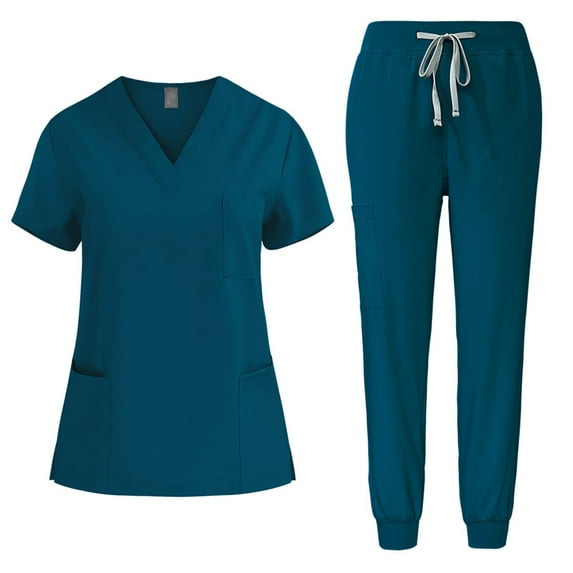 Scrubs for Women Set V-Neck Pocket Top & Drawstring Jogger Scrub Pants Stretch Nursing Scrubs Set Uniform
