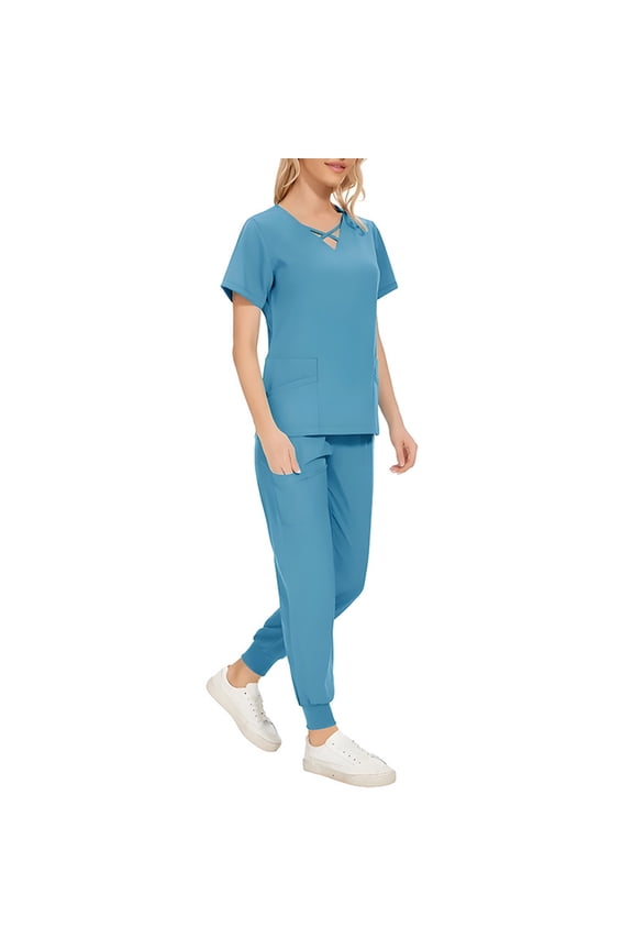 Scrubs for Women Set - V-Neck Scrub Top & Jogger Pant with Pockets, 4 Way Stretch Nurse Uniform Blue L