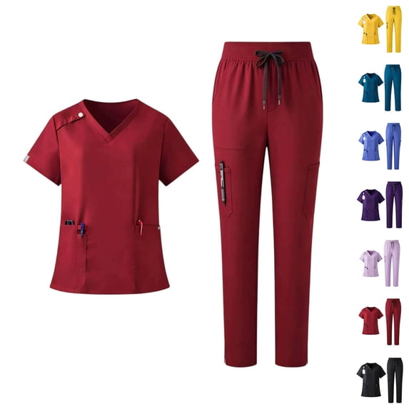 Scrubs for Women Set V-Neck Scrub Top Jogger Pants Uniform Yoga Waistband with Multiple Pockets Red XL