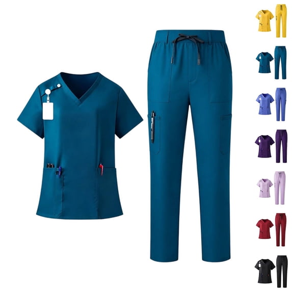 Scrubs for Women Set V-Neck Scrub Top Jogger Pants Uniform Yoga Waistband with Multiple Pockets Royal Blue XL