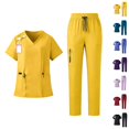 thumbnail image 1 of Scrubs for Women Set V-Neck Scrub Top Jogger Pants Uniform Yoga Waistband with Multiple Pockets Yellow M, 1 of 3
