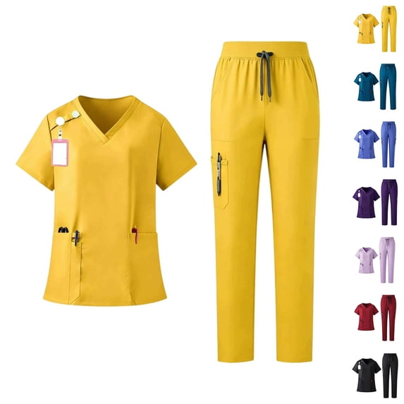 Scrubs for Women Set V-Neck Scrub Top Jogger Pants Uniform Yoga Waistband with Multiple Pockets Yellow M