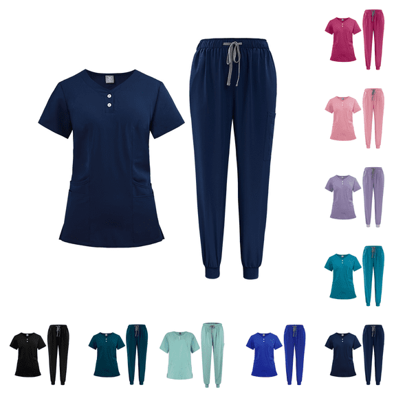 Scrubs for Women Set V-Neck Scrub Top & Jogger Scrub Pants with Pockets, Comfortable Scrubs Dark Blue S