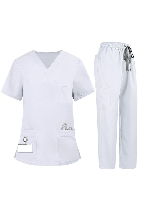 Scrubs for Women Set V-Neck Scrub Uniform Scrub Suit Classic Nurses Workwear with Straight Leg Jogger Pants White XL