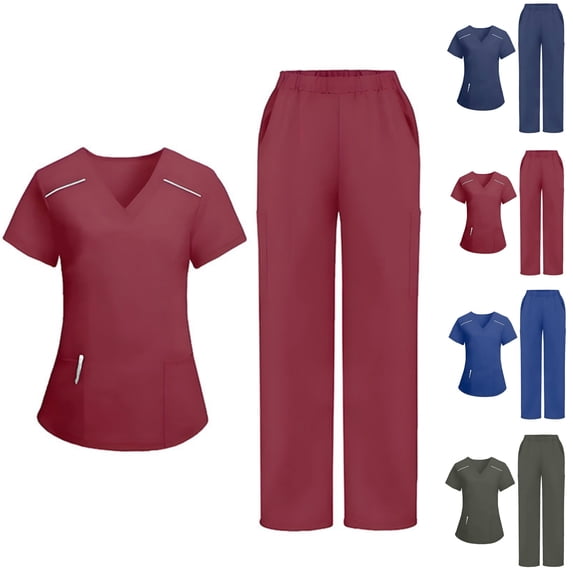 Scrubs for Women Set V-Neck Scrub Uniform Tops Classic Medical Workwear with Elastic Waist Straight-leg Jogger Pants