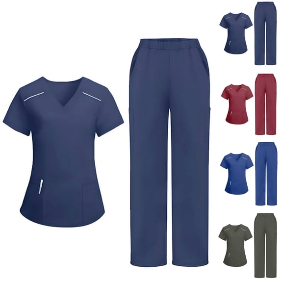 Scrubs for Women Set V-Neck Scrub Uniform Tops Classic Medical Workwear with Elastic Waist Straight-leg Jogger Pants