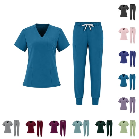 Scrubs for Women Set V Neck Short Sleeve Scrubs Top and Taper Cargo Pants Solid Healthcare Easy Care 2 Pieces Outfit, XL