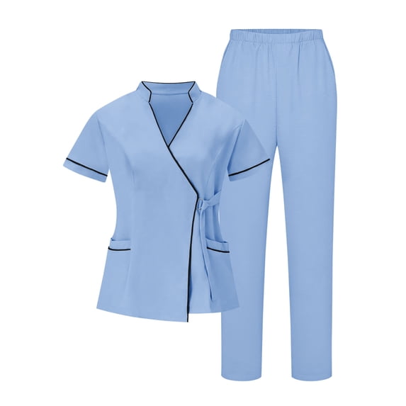 Scrubs for Women Set V Neck Short Sleeve Tie Front Tops Practical Pockets STRAIGHT LEG Pants Comfortable Work Attire Nursing Uniforms