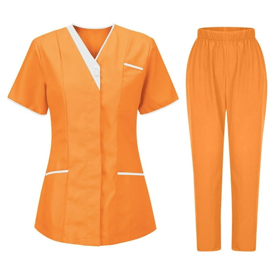 Scrubs for Women Set V Neck Short Sleeve Top And Elastic Waist Pants Nursing Uniform with Pockets