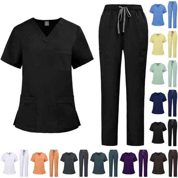 Scrubs for Women Set, V-Neck Short Sleeve Top & Jogger Pants Scrub Set, Soft Stretch Nursing Uniforms with 9 Functional Pockets Black,S
