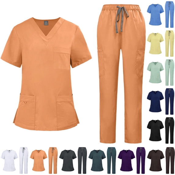 Scrubs for Women Set, V-Neck Short Sleeve Top & Jogger Pants Scrub Set, Soft Stretch Nursing Uniforms with 9 Functional Pockets Orange,L