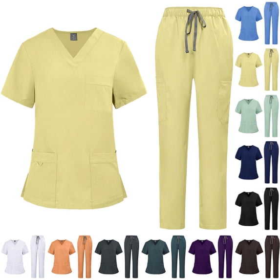 Scrubs for Women Set, V-Neck Short Sleeve Top & Jogger Pants Scrub Set, Soft Stretch Nursing Uniforms with 9 Functional Pockets Yellow,XL