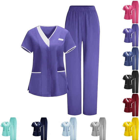 Scrubs for Women Set V Neck Soft Stretch Scrub Top and Straight Leg Scrub Pants Medical Uniforms for Nurses Easy Care Work Uniform Purple L
