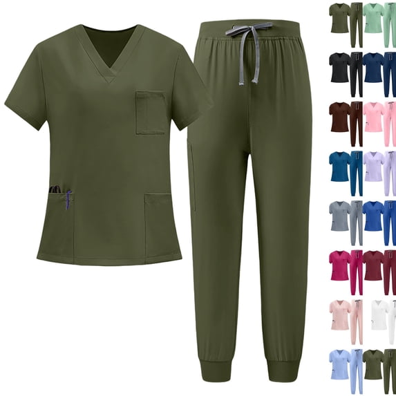 Scrubs for Women Set V-Neck Top Jogger Pants Pockets Medical Uniform | Plus Size Stretch Workwear Pockets Nurse Uniform Army Green,XL