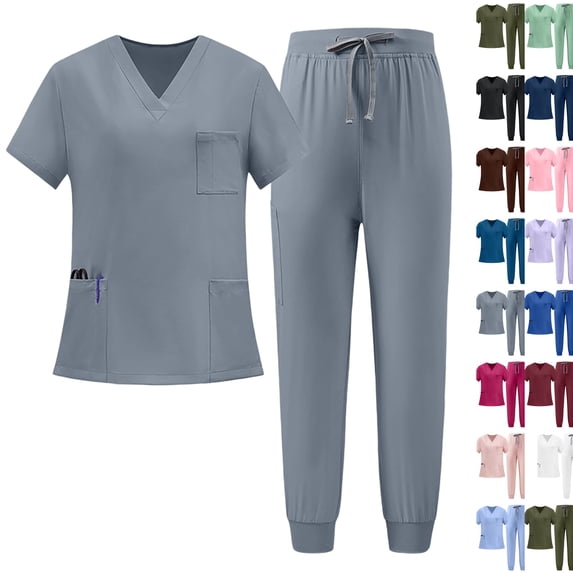 Scrubs for Women Set V-Neck Top Jogger Pants Pockets Medical Uniform | Plus Size Stretch Workwear Pockets Nurse Uniform Gray,XXL