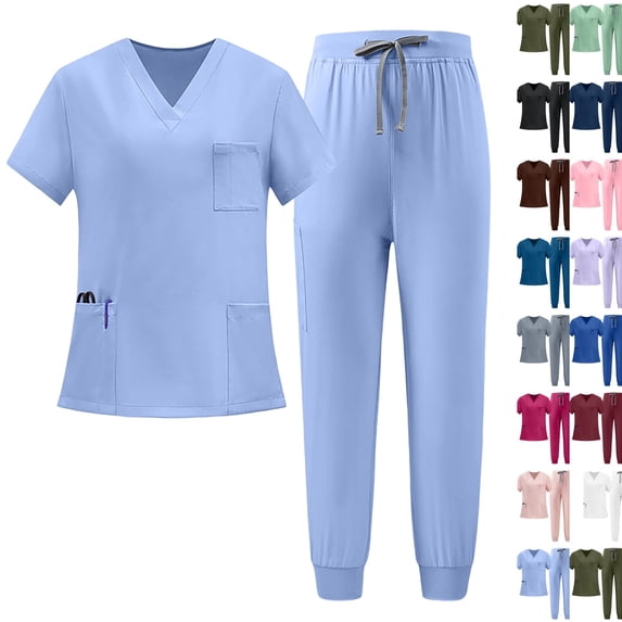 Scrubs for Women Set V-Neck Top Jogger Pants Pockets Medical Uniform | Plus Size Stretch Workwear Pockets Nurse Uniform Light Blue,S