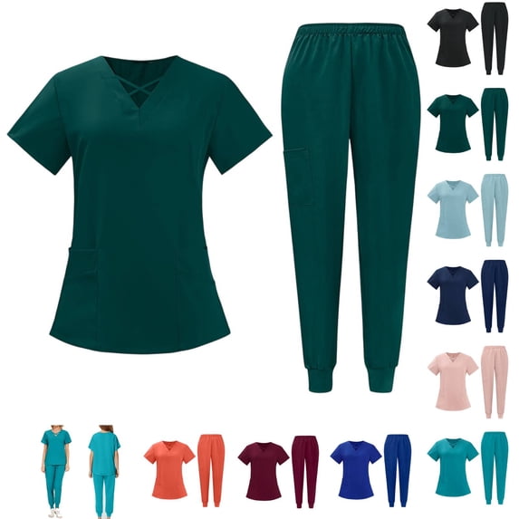 Scrubs for Women Set V-Neck Top & Jogger Pants with 5 Pockets Soft Stretch Fabric Yoga Waistband Breathable Easy Care 28" 29" Inseam Dark Green M