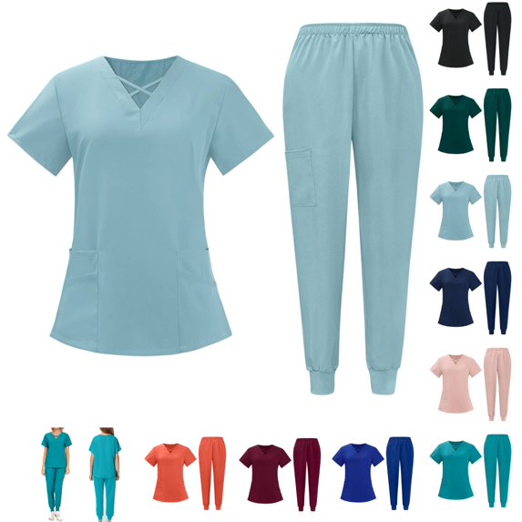 Scrubs for Women Set V-Neck Top & Jogger Pants with 5 Pockets Soft Stretch Fabric Yoga Waistband Breathable Easy Care 28" 29" Inseam Light Blue S