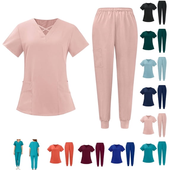Scrubs for Women Set V-Neck Top & Jogger Pants with 5 Pockets Soft Stretch Fabric Yoga Waistband Breathable Easy Care 28" 29" Inseam Pink XL