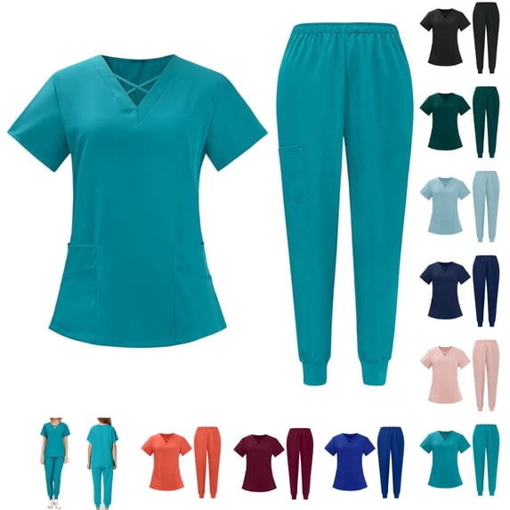 Scrubs for Women Set V-Neck Top & Jogger Pants with 5 Pockets Soft Stretch Fabric Yoga Waistband Breathable Easy Care 28" 29" Inseam Turquoise S