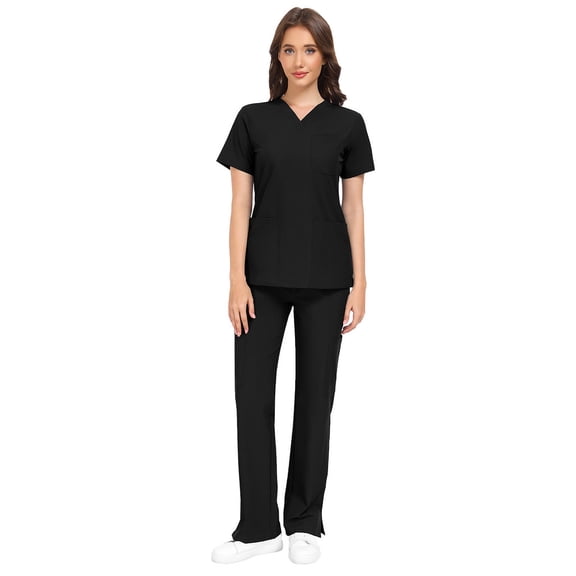 Scrubs for Women Set, V-Neck Top & Straight Leg Scrub Pants with 11 Pockets-Black M