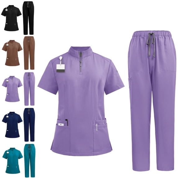 Scrubs for Women Set-Zipper Collar Top & Drawstring Straight Pants Scrubs Set with Pockets Medical Nursing Uniforms