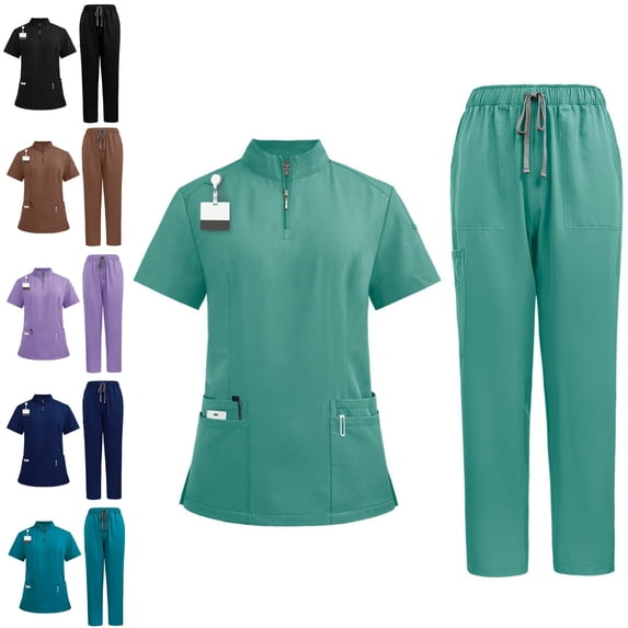 Scrubs for Women Set-Zipper Collar Top & Drawstring Straight Pants Scrubs Set with Pockets Medical Nursing Uniforms