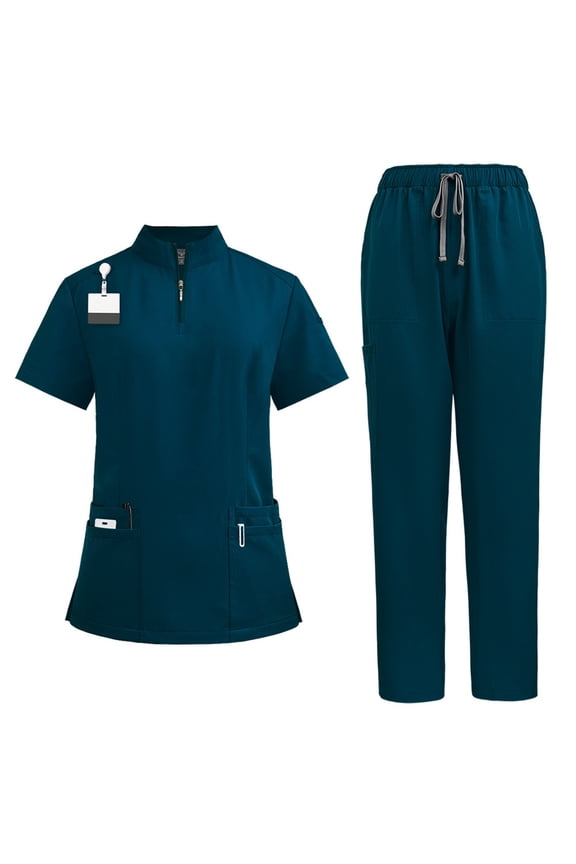 Scrubs for Women Set,Zipper Multiple Pockets Nurse Uniform,Unisex Top&Straight Leg Pants Medical Workwear Dark Green 2XL