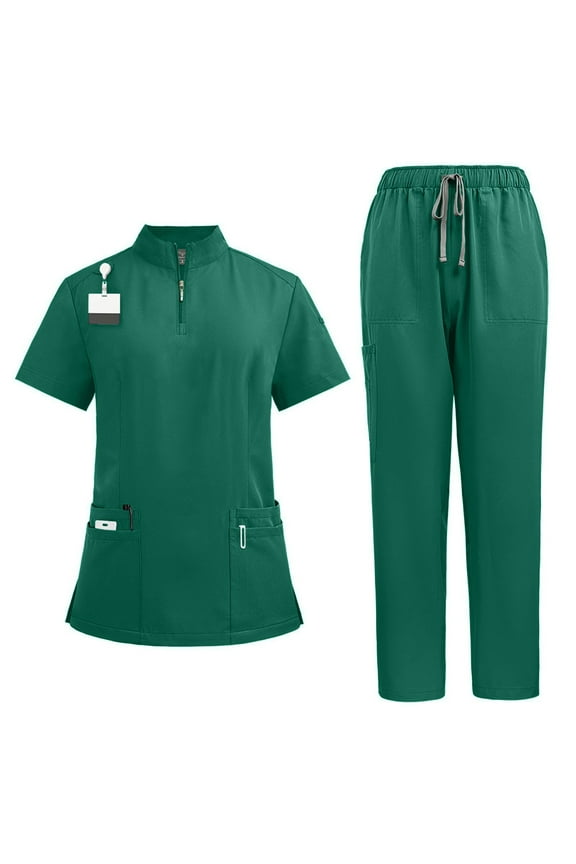 Scrubs for Women Set-Zipper Stretch V-Neck Scrub Tops & Cargo Pant Quick Drying Solid Medical Nurse Uniform with Pockets Mint Green L