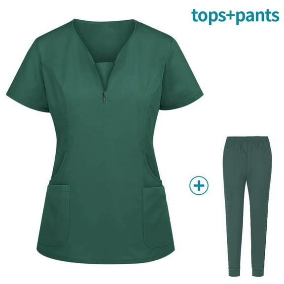 Scrubs for Women Set, Zipper V-Neck Nurse Scrub Top and Jogger Pants Medical Stretch Working Uniform Scrub Sets Dark Green L