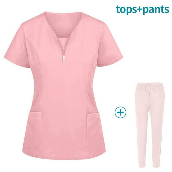 Scrubs for Women Set, Zipper V-Neck Nurse Scrub Top and Jogger Pants Medical Stretch Working Uniform Scrub Sets Pink M
