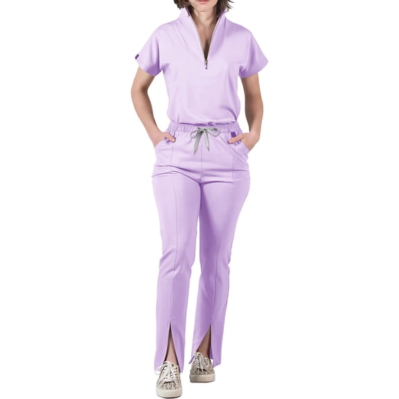 Scrubs for Women Set - with Sleeveless Stand-Up Collar Scrub Top & Jogger Scrub Pants, Many pocket Design Light Purple S