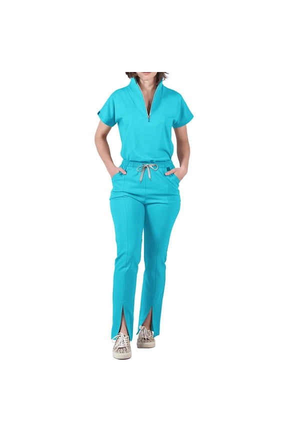 Scrubs for Women Set - with Sleeveless Stand-Up Collar Scrub Top & Jogger Scrub Pants, Many pocket Design Sky Blue S