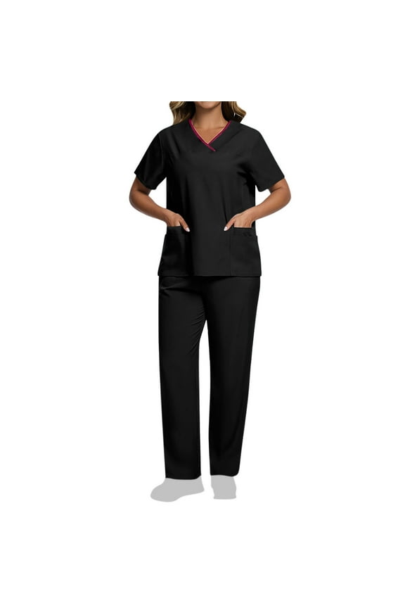 Scrubs for Women Sets Plus Size Short Sleeve V-Neck Lightweight Nursing Medical Uniform Top and Pants 2 Pieces with Pockets Black S