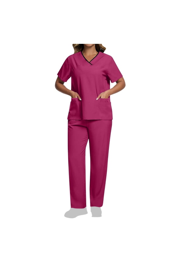 Scrubs for Women Sets Plus Size Short Sleeve V-Neck Lightweight Nursing Medical Uniform Top and Pants 2 Pieces with Pockets Hot Pink M