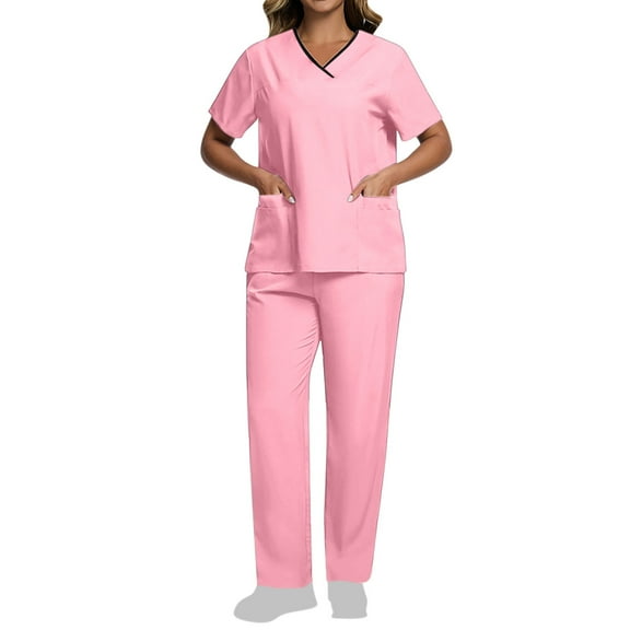 Scrubs for Women Sets Plus Size Short Sleeve V-Neck Lightweight Nursing Medical Uniform Top and Pants 2 Pieces with Pockets Pink XL