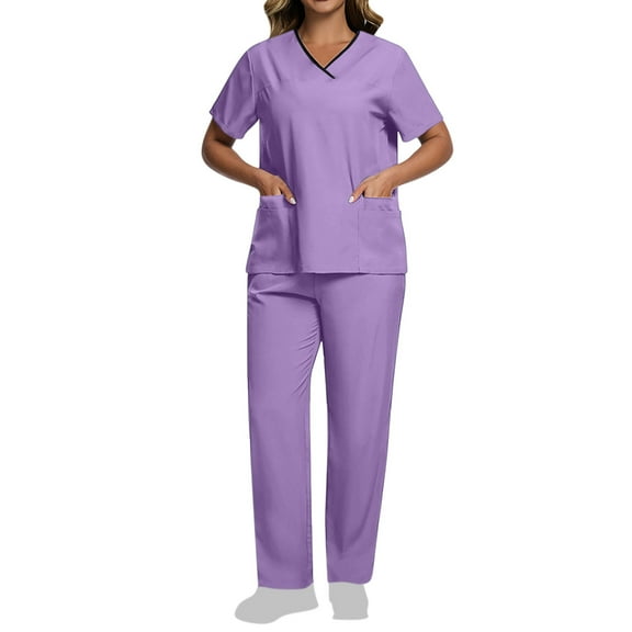 Scrubs for Women Sets Plus Size Short Sleeve V-Neck Lightweight Nursing Medical Uniform Top and Pants 2 Pieces with Pockets Purple M