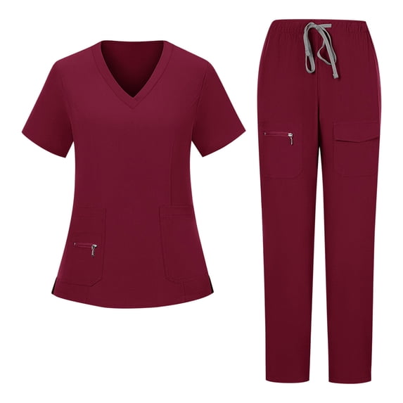 Scrubs for Women Sets Solid Color Loose Drawstring Pants Zipper Pocket Caregiver Short Sleeve V-Neck Blouses Nursing Uniform Set