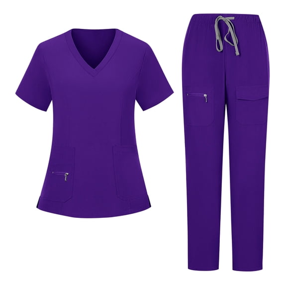 Scrubs for Women Sets Solid Color Loose Drawstring Pants Zipper Pocket Caregiver Short Sleeve V-Neck Blouses Nursing Uniform Set