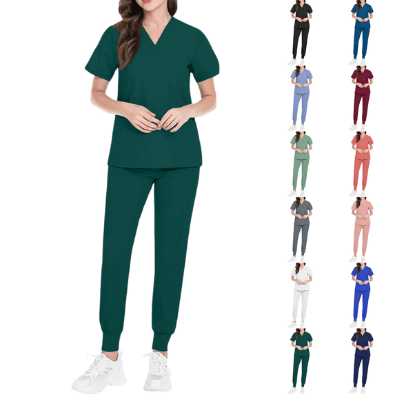 Scrubs for Women Sets Stretch V-Neck Scrub Top & Cargo Pants with Multi Pockets Anti-Wrinkle Dark Green L
