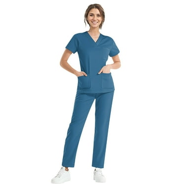 Scrubs for Women Sets V Neck Uniform Women Scrubs Set Scrubs Top and Pants Nurse Scrubs Blue M