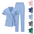 thumbnail image 1 of Scrubs for Women Sets with Pockets Short Sleeve V-Neck Solid Color 2PCS Nurses Sets Tunic Uniform Clinic Carer Protective Clothing Pants Set, 1 of 10