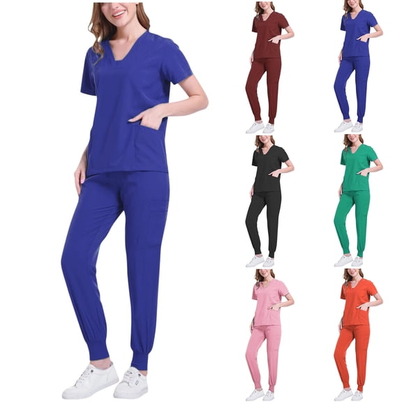 Scrubs for Women Sets with Pockets Short Sleeve V-Neck Solid Color Loose Ankle Cuff Pants Pocket Caregiver Blouses Nursing Uniform Set