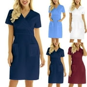 FUELEGO Dresses for Women 2024 Prime Short Sleeve Nurse Working Uniform V Neck Wrap Dress with Pocket Solid Color Dress Holiday Intellectual Nature Dress