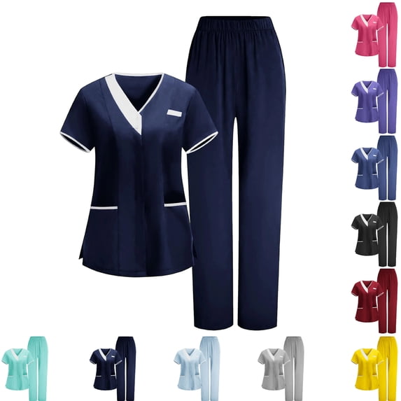 Scrubs for Women Short Sleeve V Neck Soft Stretch Scrub Top and Straight Leg Scrub Pants Medical Nursing Uniform Wrinkle-Resistant Workwear Navy S